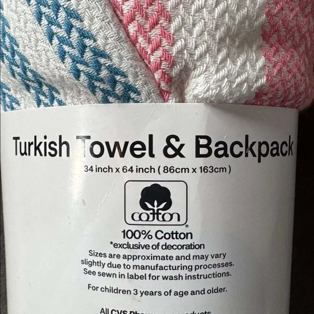 Sun & Sky Turkish Towel Backpack 2-in-1 Orange Blue Pink 34”x64” 100% Cotton NEW